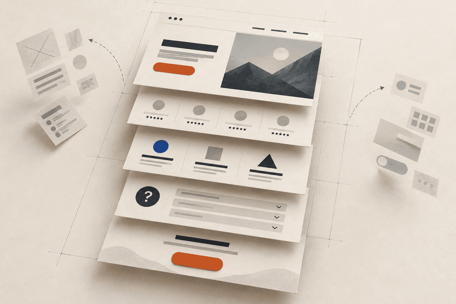Watercolor wireframe sketches of website layouts