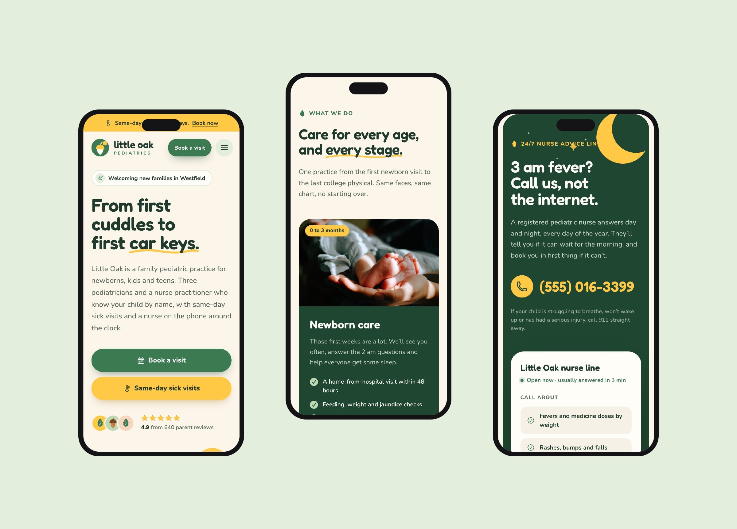 Trei telefoane cu secțiunea de deschidere Little Oak, serviciile cu un card despre îngrijirea nou-născuților și linia de asistență 24/7 pe o bandă verde închis