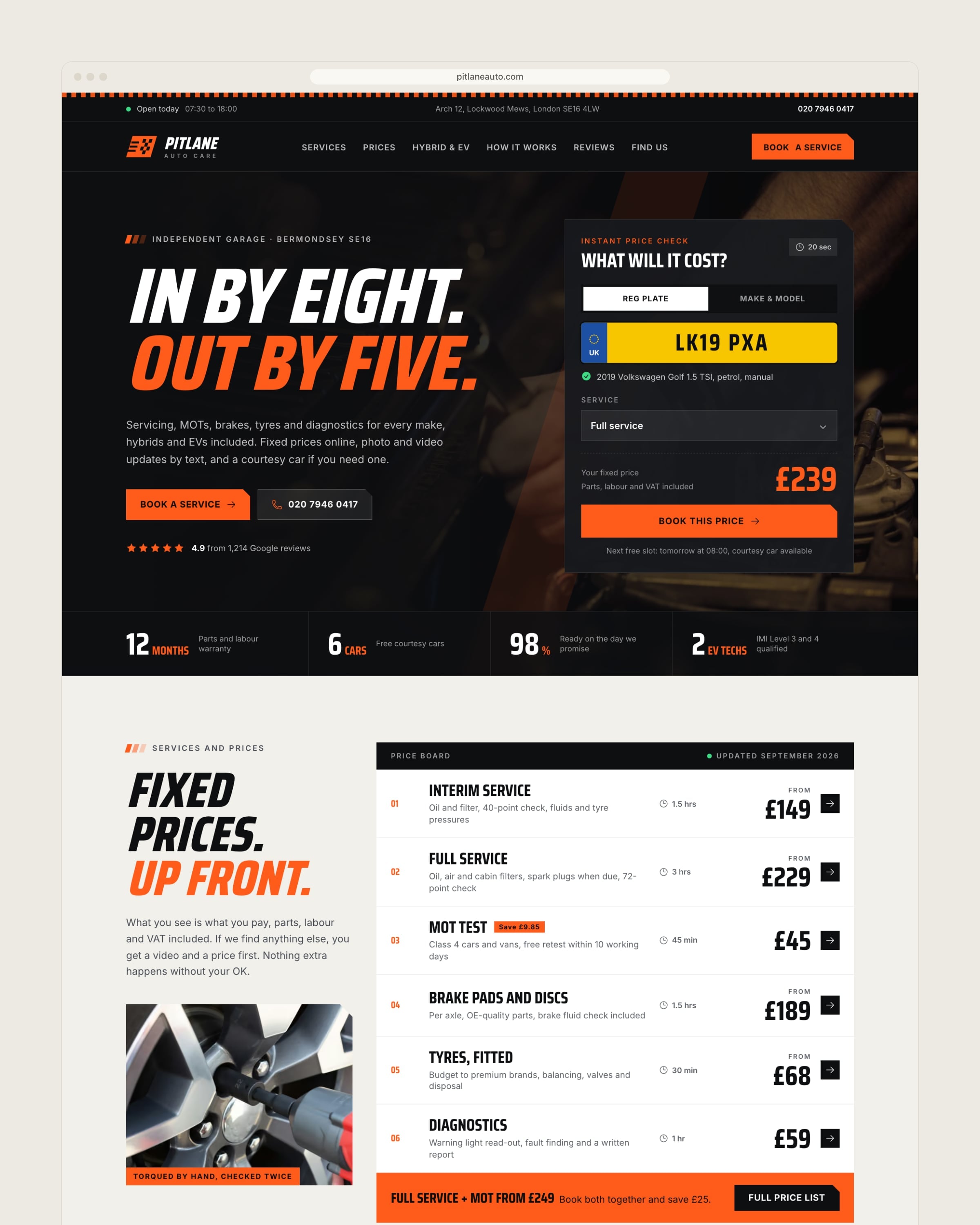 Pagina principală completă Pitlane Auto Care pe desktop, de la secțiunea de deschidere la panoul de prețuri, etapele service-ului, întreținerea mașinilor hibride și electrice, recenzii și hartă