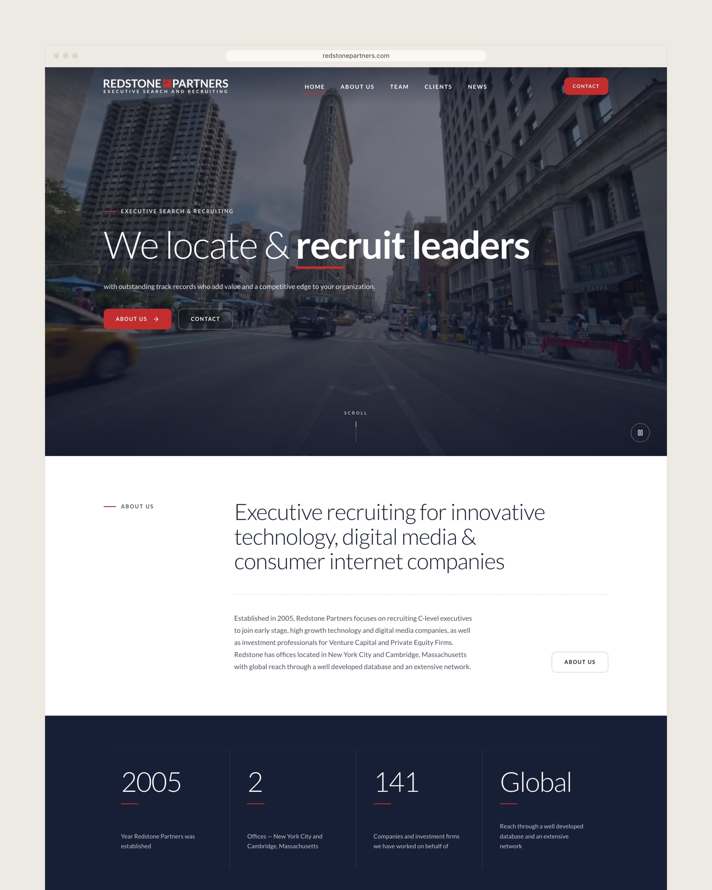 Pagina principală Redstone Partners completă pe desktop, de la secțiunea de deschidere la clienți, servicii, conducere, testimoniale, plasări și birouri