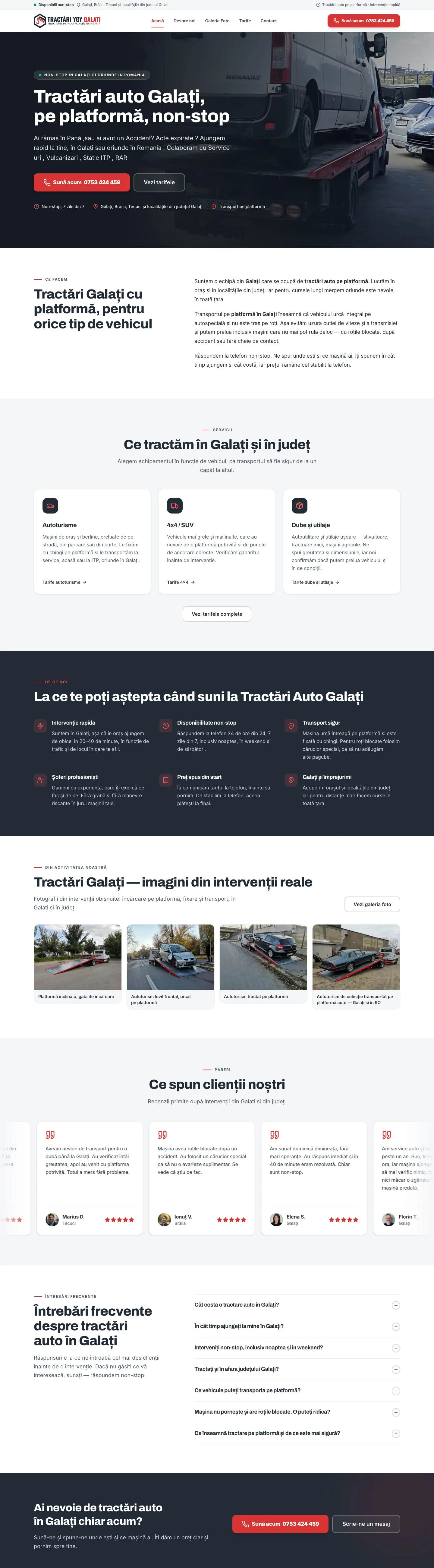 Site-ul Tractări YGY Galați, pagina principală